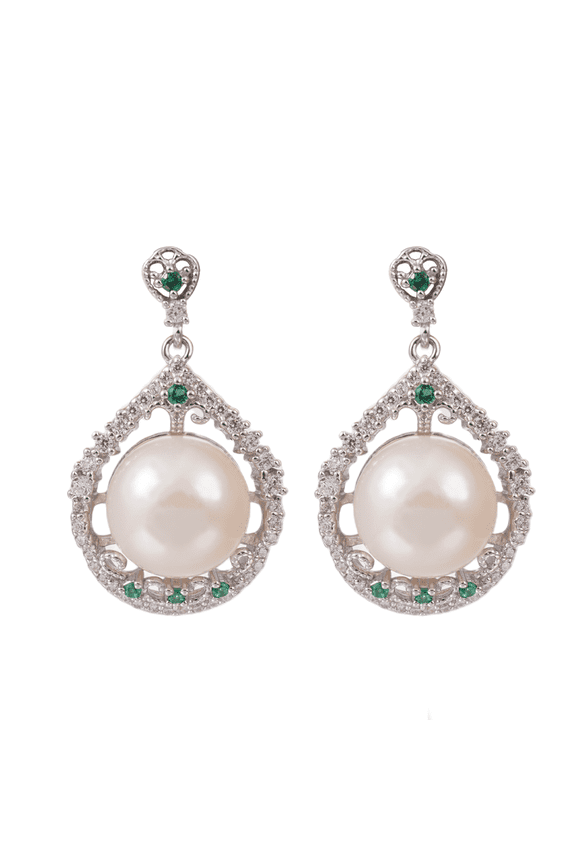 Teardrop Pearl Dangle Earrings for Women, Sterling Silver with Natural Freshwater Pearl and Green Gemstone Accent Elegant Bridal Wedding Party Jewelry Gift