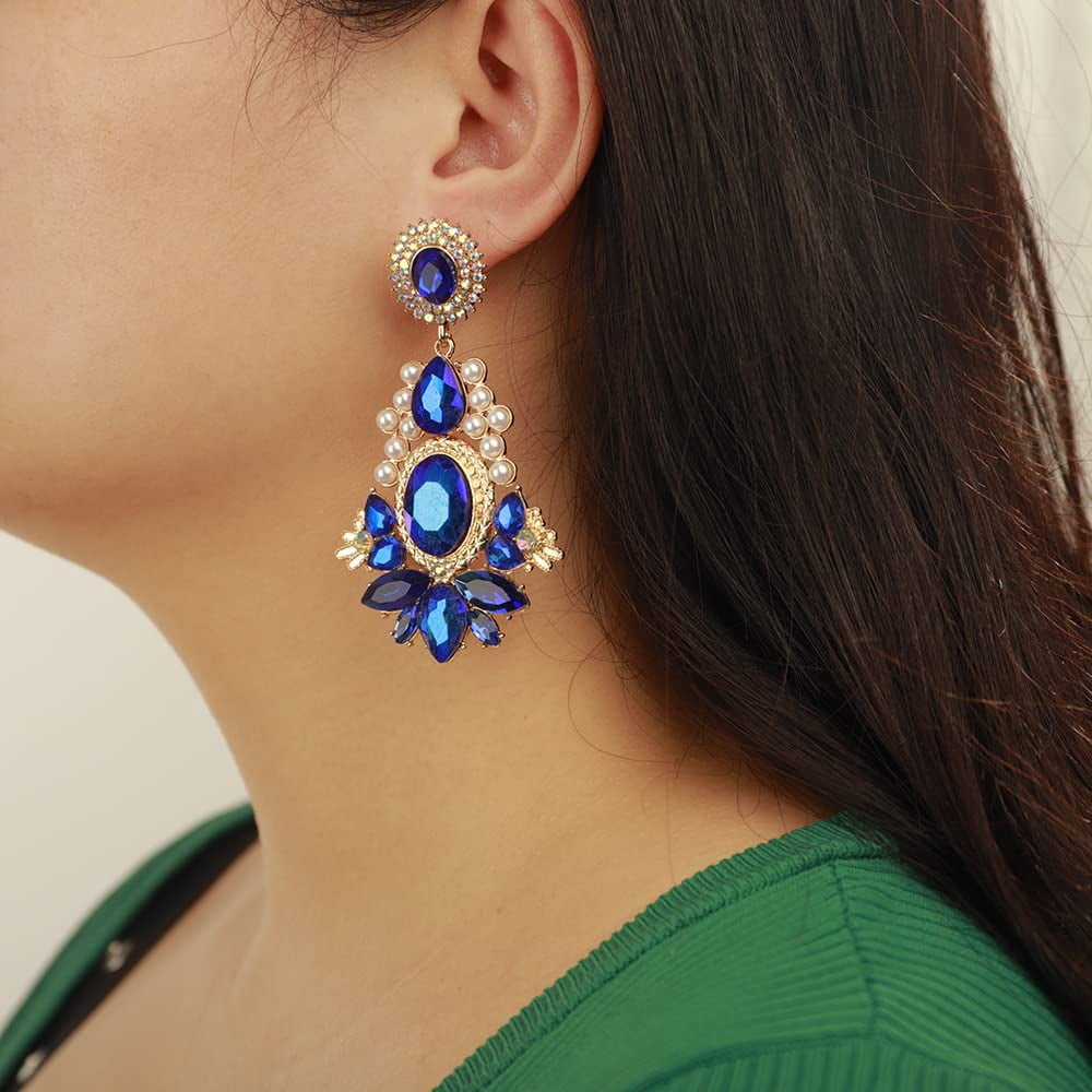 Teardrop Quality Bridal Earrings Rhinestone Stud Earrings Wedding Dangle Earrings Statement Earrings for Women Stud Earrings for Brides (Blue+Green)[t525]