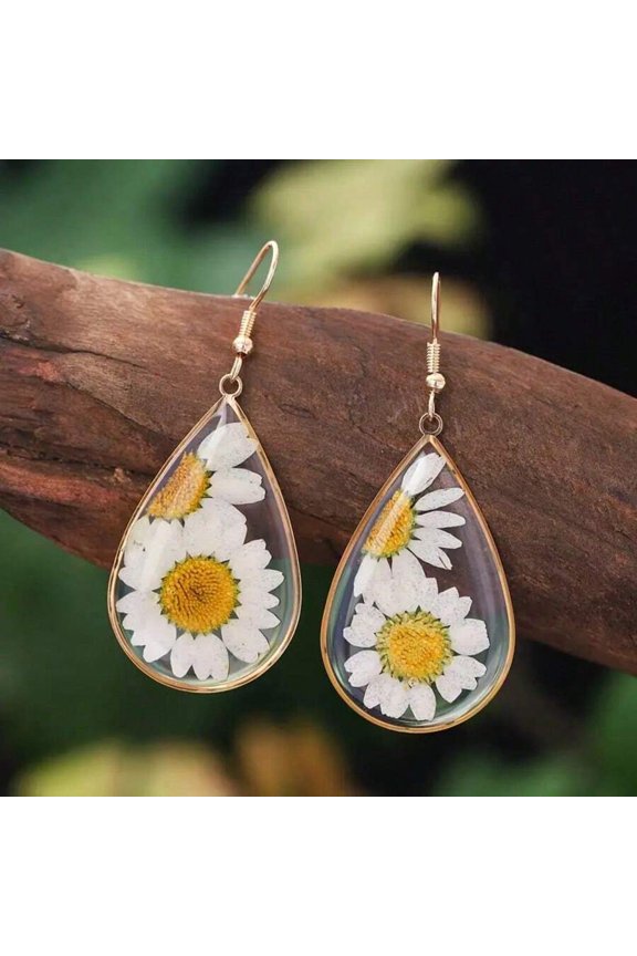 Teardrop Resin Pressed Daisy Earrings Multicolor Goldtone