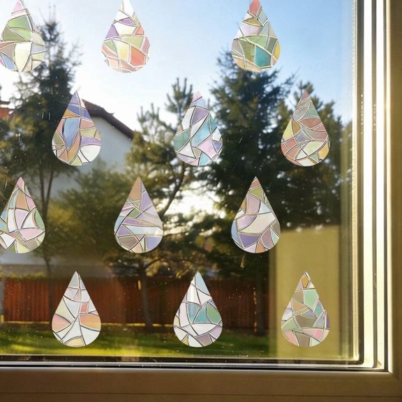 Teardrop Shape Window Decorative Stickers, Static Cling Rainbow Laser Window Decals, Prevent Birds from Hitting Windows, Sun Catcher Glass Film Decals