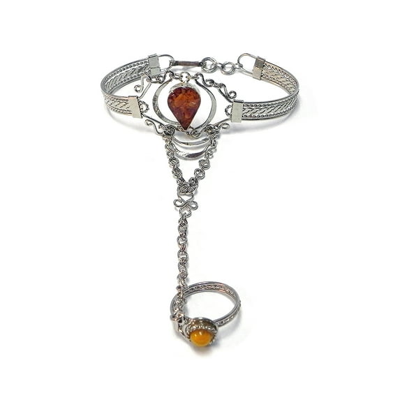 Teardrop Shaped Crushed Chip Stone Inlay Silver Metal Cuff Harem Bracelet with Adjustable Ring - Womens Fashion Handmade Jewelry Boho Accessories