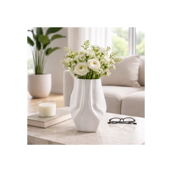 Teardrop Shaped Vase for Bathroom and Home Decor - Carver 3D Printed Ceramic Porcelain for Bedroom, Kitchen, and Living Room Centerpiece - Flower Pots Display for Office Desk - 11", Ivory