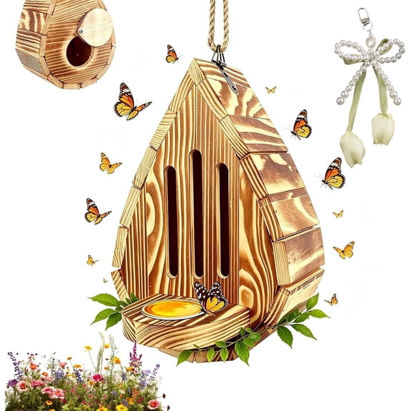Teardrop Shaped Wooden Butterfly House, Butterfly House for Garden, Hanging Butterflys Habitat & Feeder with Rope, Outdoor Butterflys Shelter, with Puddler, for Balcony Yard Garden Decor (1pc)