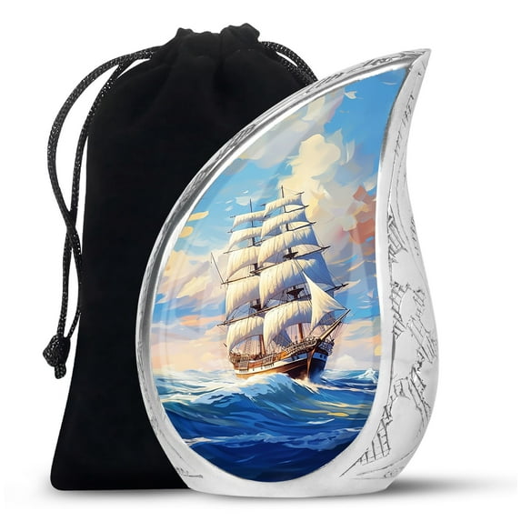 Blue Ship large funeral urns for human ashes adult mother, handcrafted cremation urn for human ashes adult father, burial gift for decorative, 10Inch And 200Lbs Include Velvet Bag