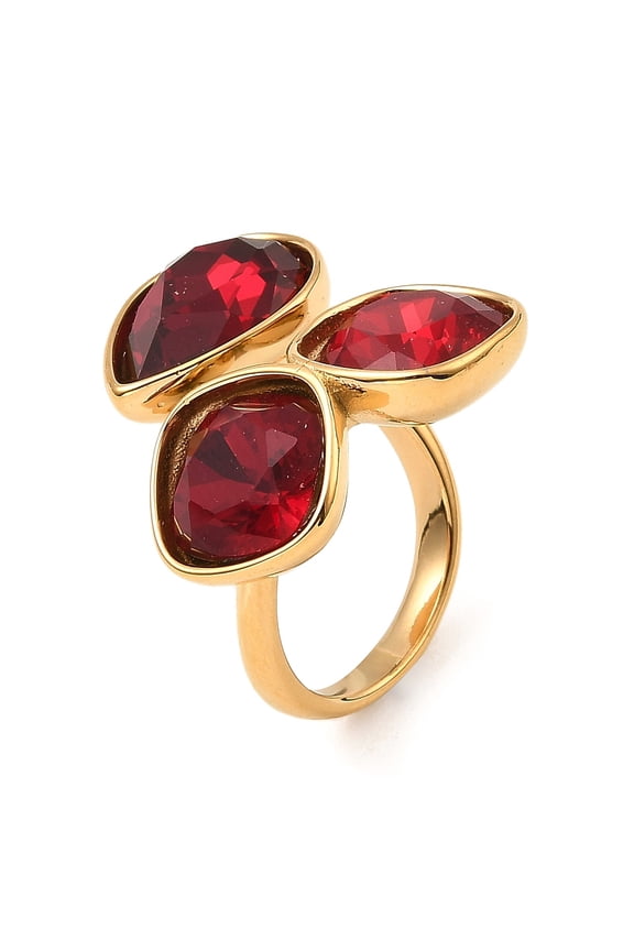 Teardrop & Square Glass Open Cuff Rings Real 18K golden Plated 304 Stainless Steel Ring FireBrick US Size 7 1/4(17.5mm)