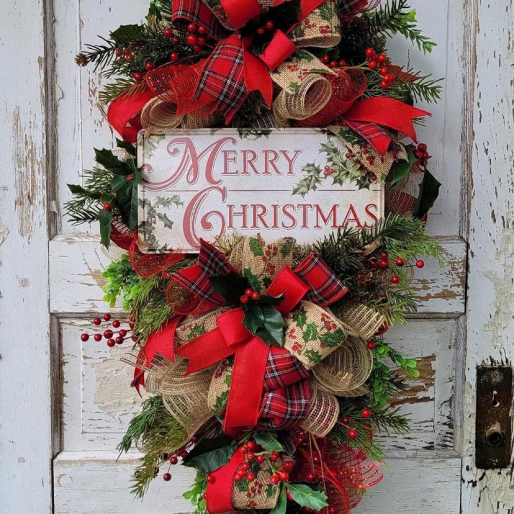 Teardrop Swag Wreath Merry Christmas Wreaths Bow Ribbon Berries Garland for Christmas Tree