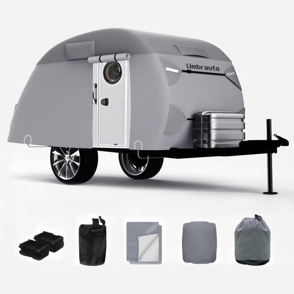 Teardrop Travel Trailer Cover 10'-12' RV Cover 7 Layers Top Heavy Duty Camper Cover Waterproof, Camping Trailer Cover with Windproof Strap for R-Pod Trailers, Clamshell Trailers