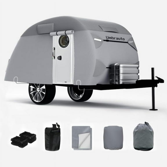 Teardrop Travel Trailer Cover 8'-10' RV Cover 7 Layers Top Heavy Duty Camper Cover Waterproof, Camping Trailer Cover with Windproof Strap for R-Pod Trailers, Clamshell Trailers