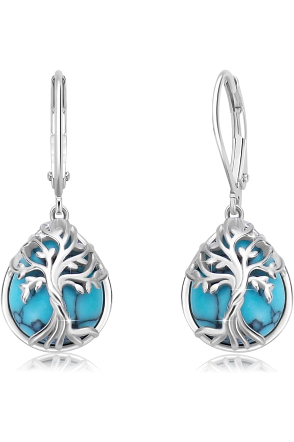 Teardrop Turquoise Leverback Earrings, 925 Sterling Silver Tree of Life Tiny Turquoise Family Tree Hypoallergenic Dangle Earring for Sensitive Ears Gifts for Women Daughter Girlfriend with Gift Box