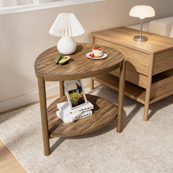 Teardrop Two-Tier End Table with Storage Open Shelf, Narrow Side Table with Legs, Farmhouse Style Beside Table for Living Room, Natural