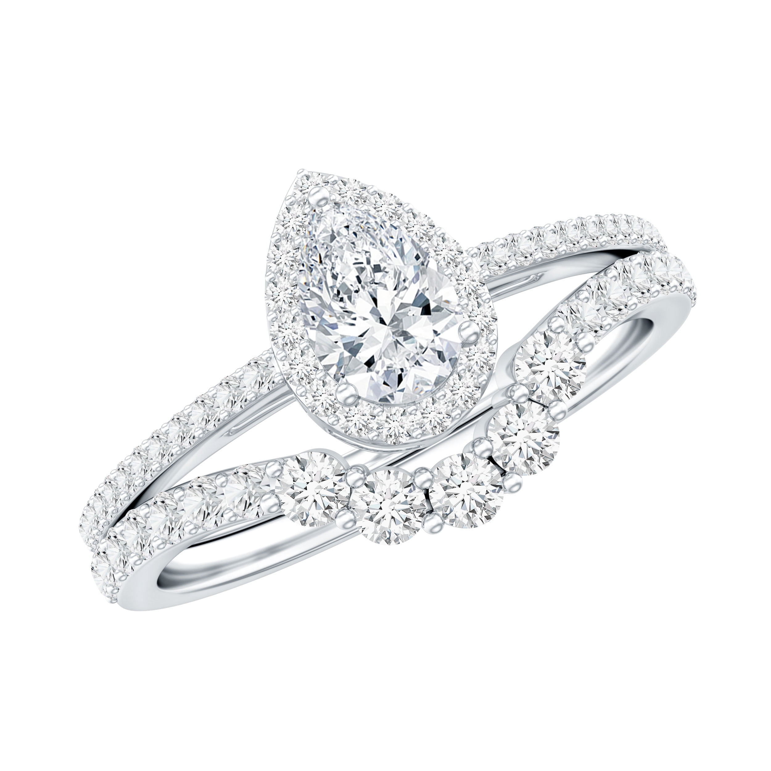 Rosec Jewels Moissanite Wedding Ring Set for Women - D-VS1 Quality Pear Shaped Engagement Ring with Curved Band, 14K White Gold, US 11.00