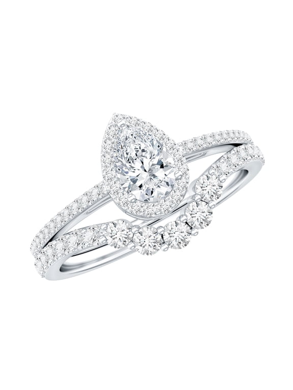 Moissanite Wedding Ring Set for Women - D-VS1 Quality Pear Shaped Engagement Ring with Curved Band, 14K White Gold, US 7.50
