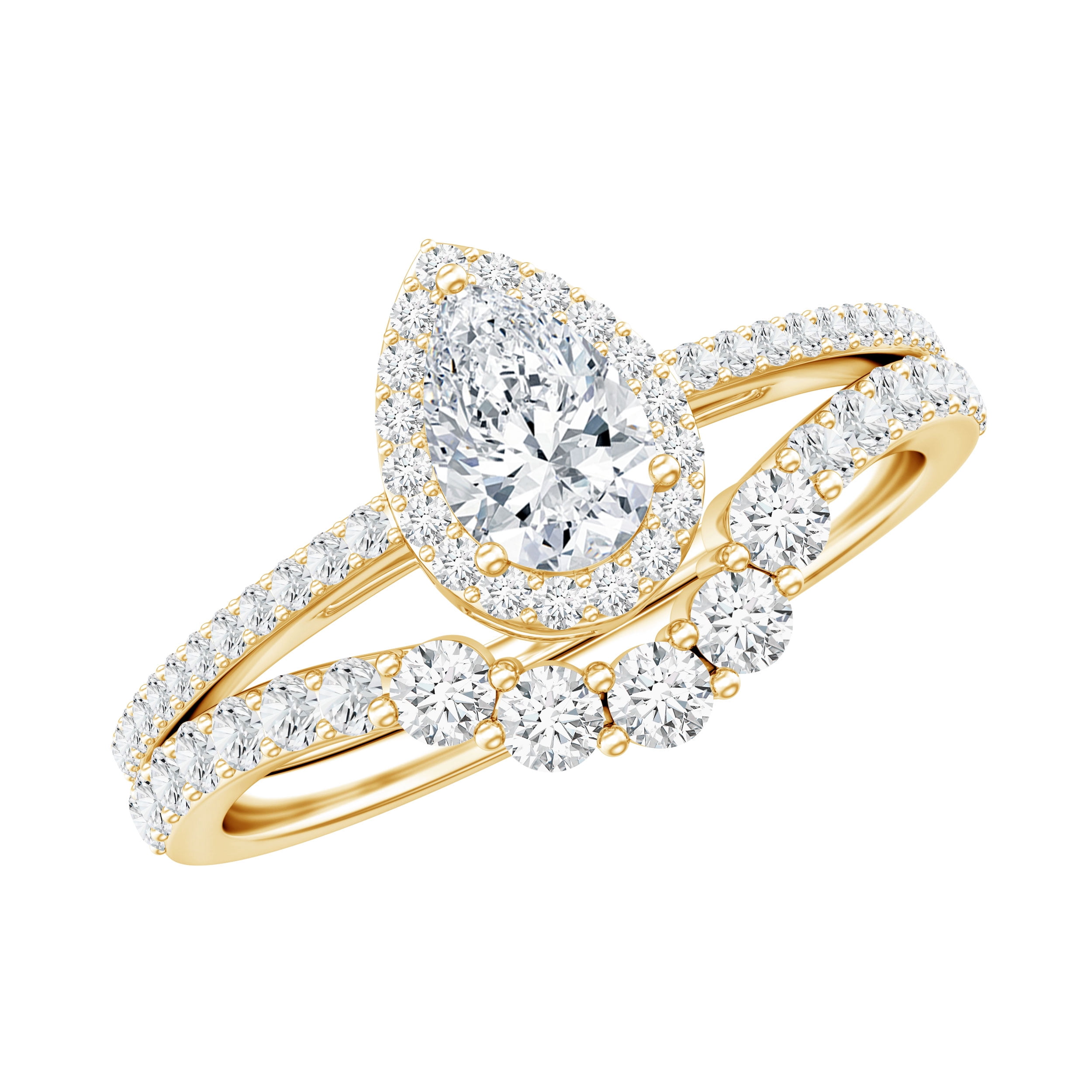Rosec Jewels Moissanite Wedding Ring Set for Women - D-VS1 Quality Pear Shaped Engagement Ring with Curved Band, 14K Yellow Gold, US 7.00