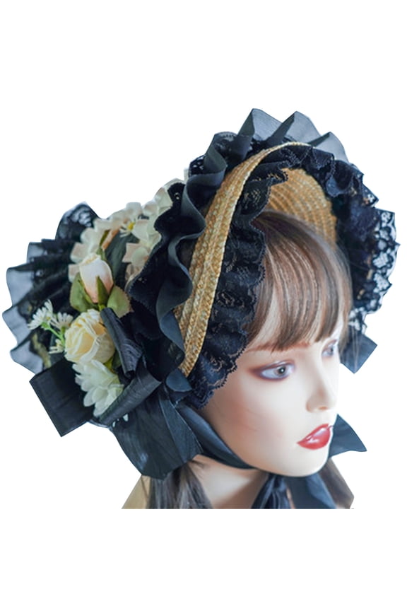 Teas Party Sun Hat Lace Fascinators For Women Lolit Straw Hat Victorian Bonnet Victorian Headdress Flower Straw Hat