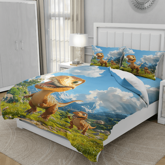 TeasBank 3D Print Cartoon Dinosaur King Duvet Cover Set for Teens Adult Nature Blue Sky and White Clouds Comforter Cover with 2 Pillowcases Animal Theme Room Decor