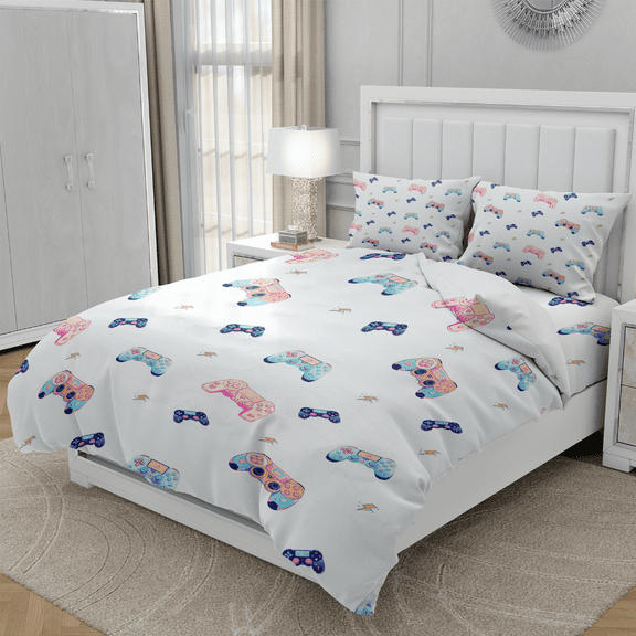 TeasBank 3D Printed Cartoon Video Game Controller Comforter Cover for Teens White Game Console Queen Duvet Cover Game Player Room Decor 1 Quilt Cover with 2 Pillow Cases(No Comforter)