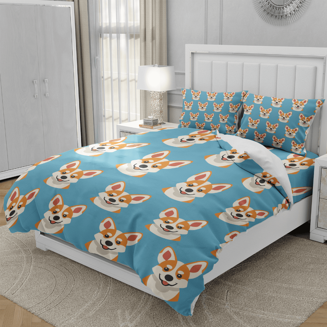 TeasBank 3D Printed Cute Dog Duvet Cover Adult Blue Cartoon Animal Comforter Cover Full Size Sheets 1 Quilt Cover with 2 Pillow Cases(No Comforter)