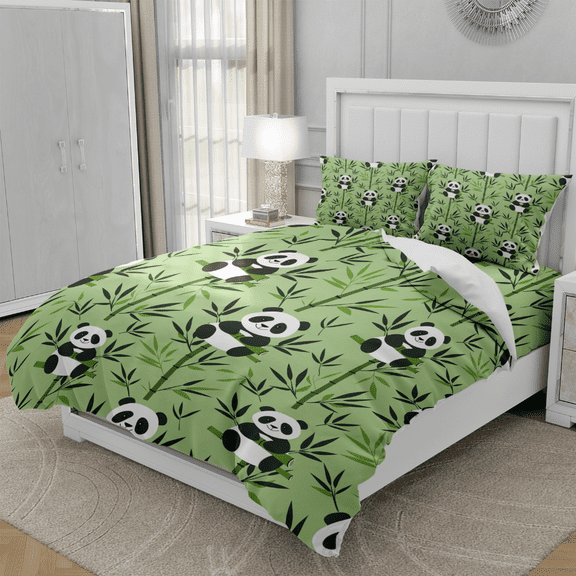 TeasBank Bedding 3D Printed Panda Duvet Cover Set Green Bamboo Twin Comforter Set Teens Adult Bed Cover Cute Room Decor 1 Quilt Cover with 2 Pillow Cases(No Comforter)