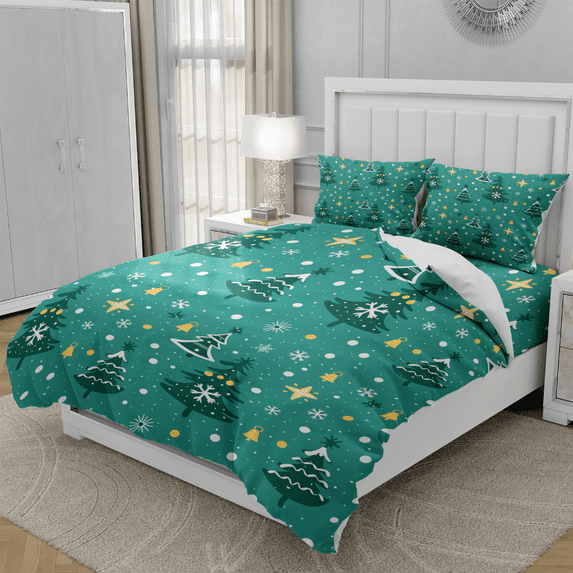 TeasBank Bedding Green Christmas Tree Duvet Cover 3D Printed Snowflake and Bell Comforter Cover Set for Man and Woman Room Decor 1 Quilt Cover with 2 Pillow Cases,King Size (No Comforter)