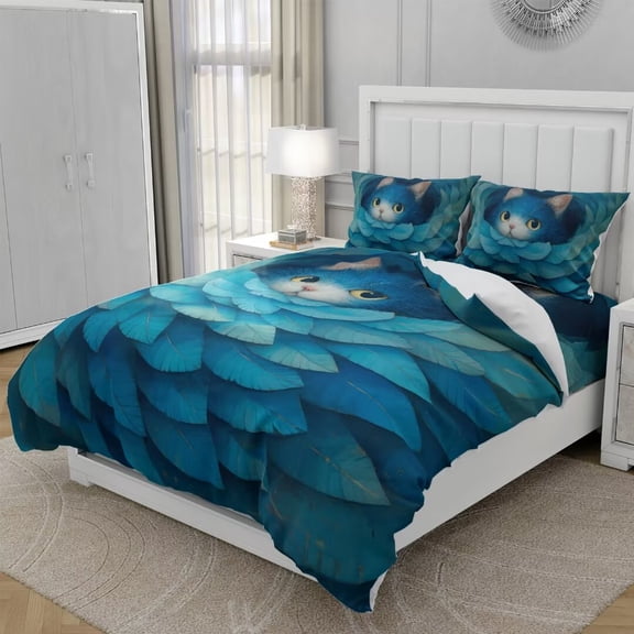 TeasBank Blue Cat Comforter Cover Set Queen Duvet Cover Set for Youth Adult 3D Painting Cartoon Cat Decorative Bedspread Cover 1 Quilt Cover 2 Pillowcases