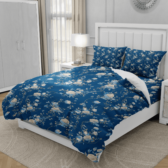 TeasBank Blue Rose Duvet Cover Twin Size Floral Bedding Set for Women Soft Comforter Cover 3 Piece Vintage Bedding Bedroom Decor 1 Quilt Cover with 2 Pillow Cases(No Comforter)