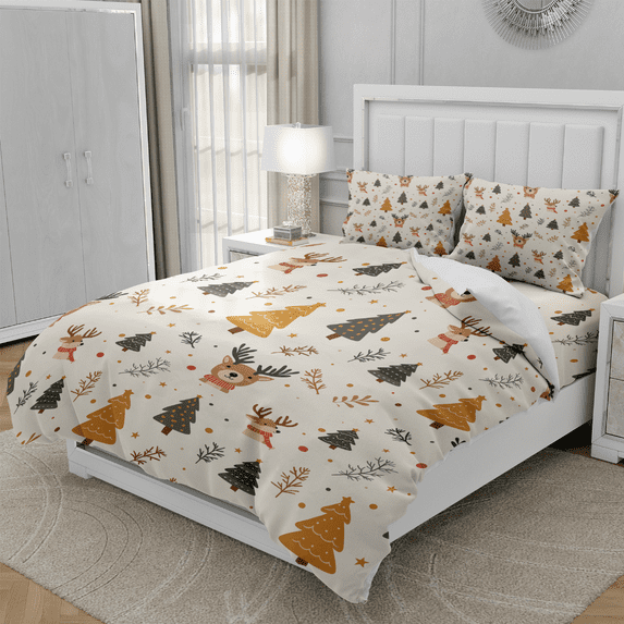 TeasBank Cartoon Christmas Deer 3D Printed King Duvet Cover Christmas Tree Comforter Cover Set White Snow Bedding 1 Quilt Cover with 2 Pillow Cases(No Comforter)