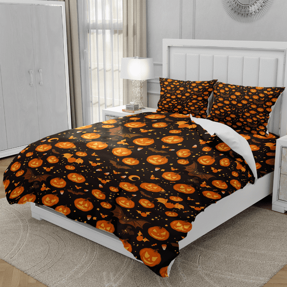 TeasBank Halloween Pumpkin Lantern Duvet Cover Set Black Twin Size Comforter Cover Halloween Bedding Set for Teens Youth Adult Moon Stars Room Decor 1 Quilt Cover with 2 Pillow Cases(No Comforter)