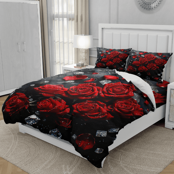 Teasbank 3D Printed Diamond Rose Duvet Cover Set for Adult Couples Crystal Red Rose Comforter Cover Romantic Room Decor King Size 1 Quilt Cover With 2 Pillow Cases(No Comforter)