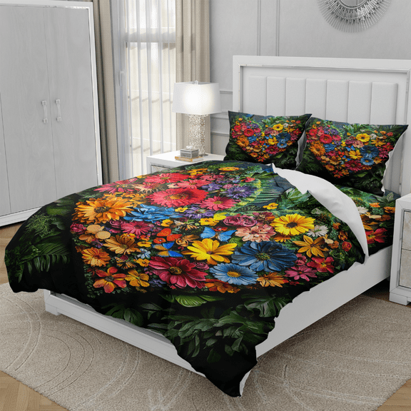 Teasbank 3D Printed Heart-Shaped Flower Comforter Cover Adult Love Heart Floral Duvet Cover Set for Couples Romantic Room Decor 1 Quilt Cover With 2 Pillow Cases,Queen (No Comforter)