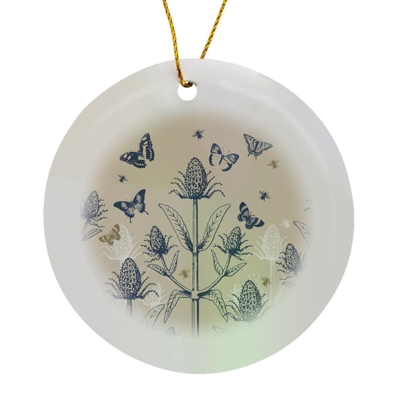 3drose, Teasel Plant with Bees and Butterflies in Oatmeal Blue and White, Circle Porcelain Ornament