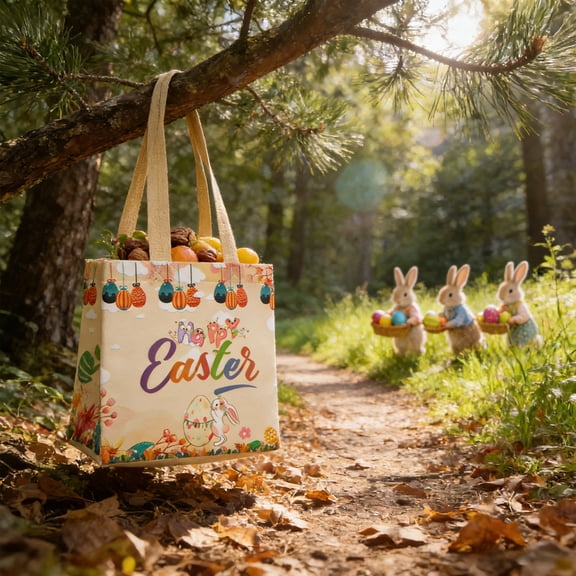 Happy Easter Reusable Tote Bag, Cute Bunny & Egg Print Non-Woven Easter Gift Bag with Handles for Easter Egg Candy Hunt, Party Favors & Grocery Shopping Bag EARKITY