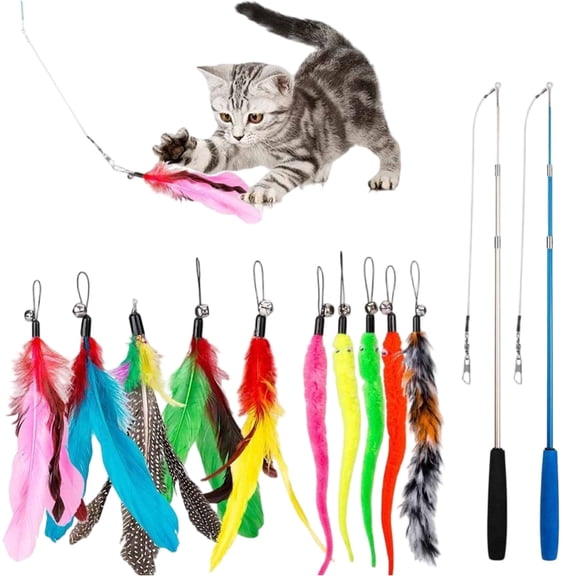 Teasing Stick with Plush Toy, Feather Replacement Head, Extendable Rod, Self-Entertainment Chewing Toy Set for Cats