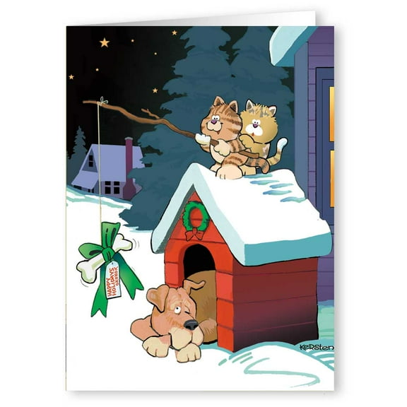 Teasing the Dog Funny Cat and Dog Holiday Christmas Card - 18 Boxed Cards and Envelopes