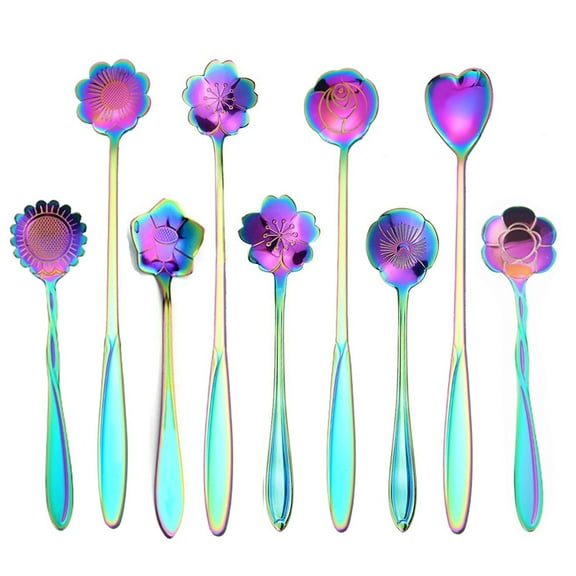 Teaspoon Flower Spoon Set, 8 Pcs Stainless Steel Tea Spoon for Loose Tea, Coffee, Milkshake, Iced Drinks, Multi Spoons, Colorful Boho and Unique Design