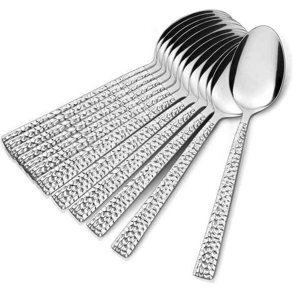 Teaspoon Set of 12, 6.7 Inch Hammered Stainless Steel Spoons for Kitchen or Restaurant, Non-toxic & Mirror Polished, Squared Edge & Dishwasher Safe