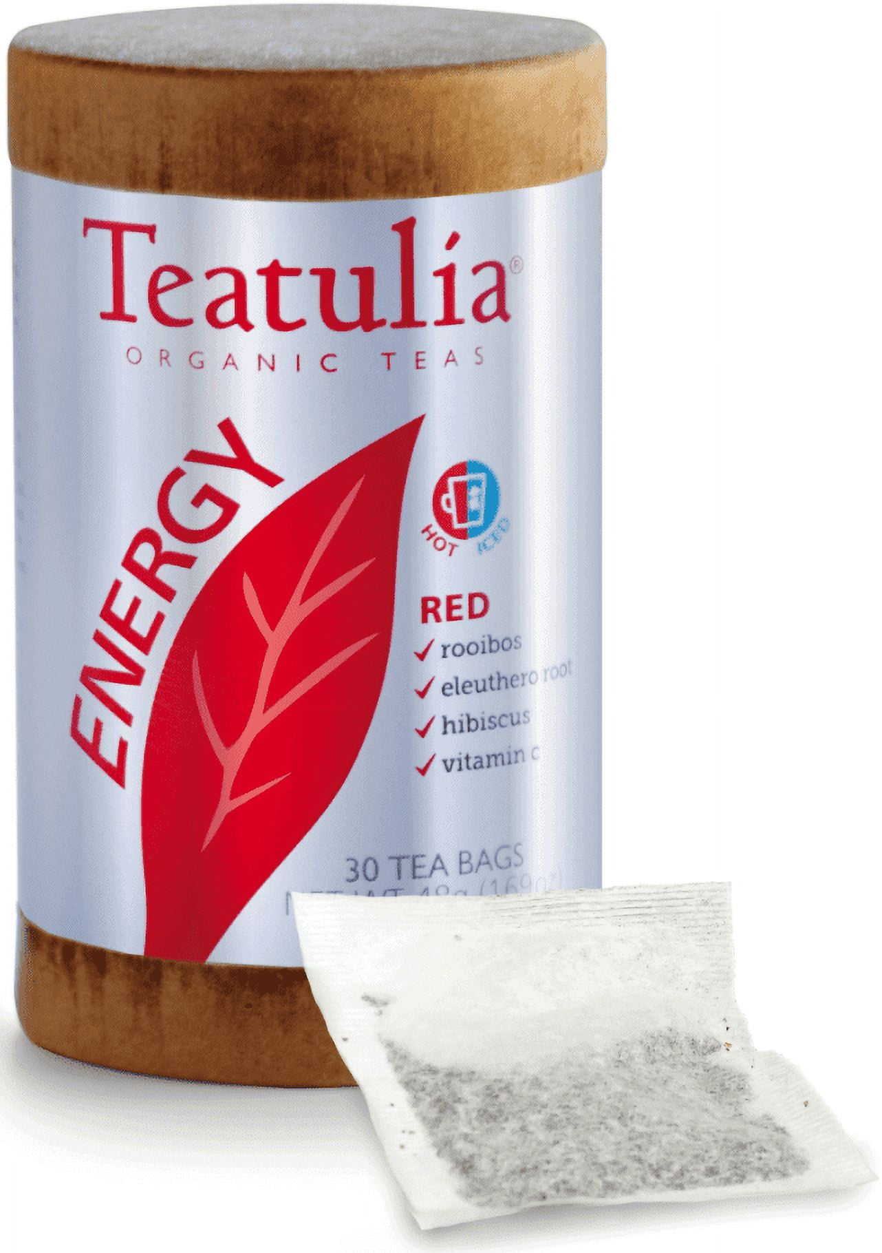 Teatulia Organic Energy Red Herbal Tea Canister 30ct Standard Tea Bags