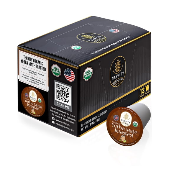 Teavity Organic Roasted Yerba Mate Tea Pods for Keurig Brewers - Naturally Caffeinated, 12 Tea Pods