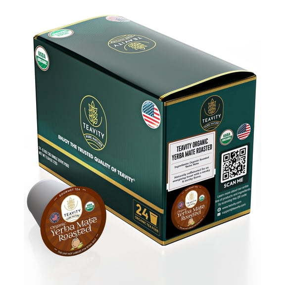 Teavity Organic Roasted Yerba Mate Tea Pods for Keurig Brewers - Naturally Caffeinated, 24 Tea Pods