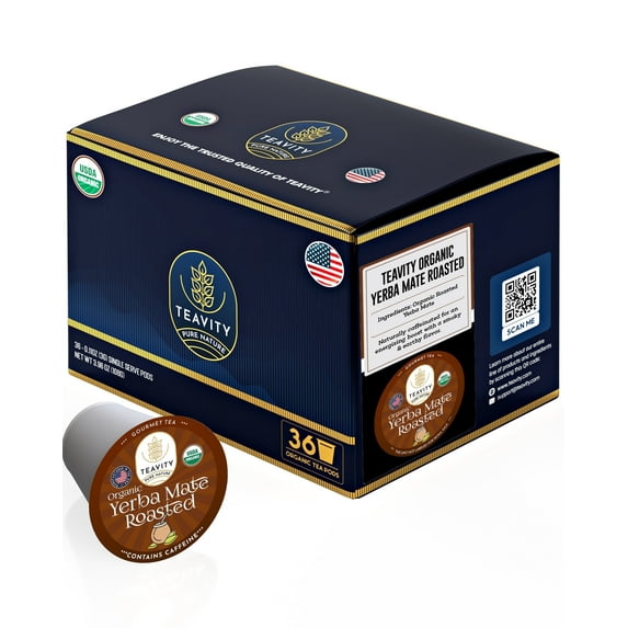 Teavity Organic Roasted Yerba Mate Tea Pods for Keurig Brewers - Naturally Caffeinated, 36 Tea Pods