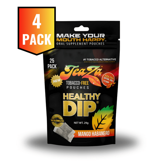 Teaza Energy Pouches Tobacco Alternative Nicotine Free Dip, Smokeless Alternative Snuff Healthy Dip, Mango Habanero (4 Pack) Tobacco Free Chew Tropical Fruity Sweetness of Mangoes and Voilà