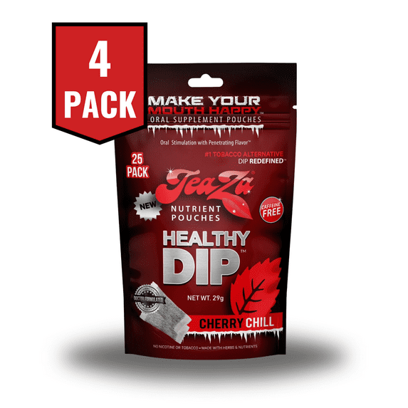 Teaza Energy Pouches, Tobacco Free Nicotine Free Dip Smokeless Alternative Snuff & Energy Dip Chewing Tobacco Alternative Healthy Dipping Premium Flavored Cherry Chill (4 Pack)