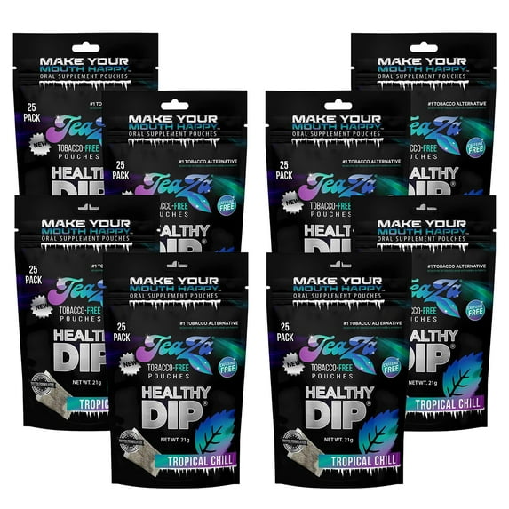 Teaza Energy Tobacco Free Pouches Nicotine Free Dip, Smokeless Alternative Snuff Healthy Chewing Dipping Alternative, Tropical Chill (8 Pack) Smokeless Tobacco Free Chew Refreshing Premium Flavored