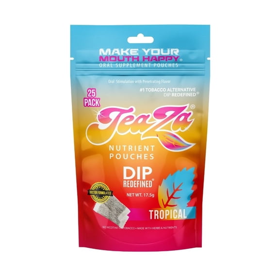 TeaZa Herbal Energy Pouches Tropical Flavor, 4 Bags, Made From Tea, 100 Pouches