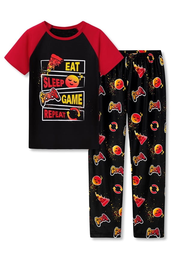 2-Piece Cozy Pajamas For Little Boys Sleep Face & Game Graphic Red Short Sleeves & Pants Soft PJs Set Kid Size 8