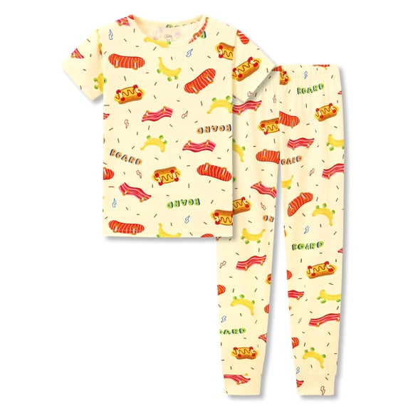 Beezizac Boys Pajamas - Soft Snug-fit PJs Short Sleeves & Pants Jammies Set Food Toddler Sleepwear Size 14