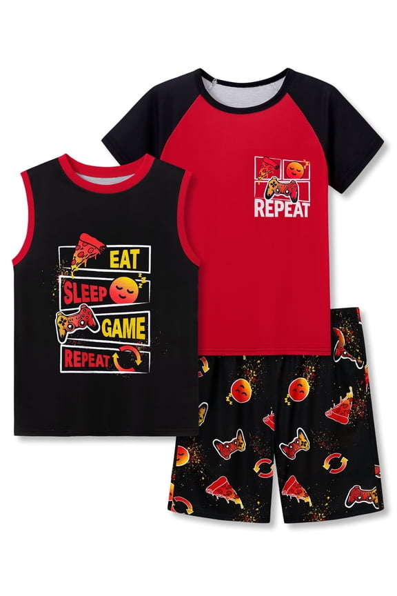 Boys Summer Pajama Set, 3-Piece Eat Sleep Game PJs - Short Sleeves, Tank Top & Shorts Soft Sleepwear Size 10