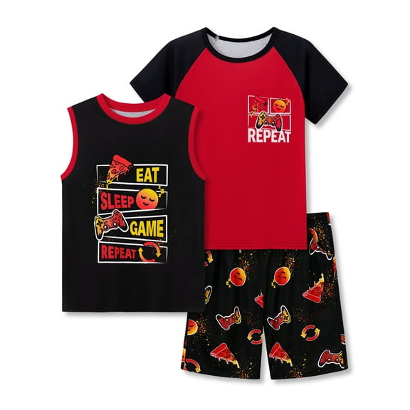 Tebbis Boys Summer Pajama Set, 3-Piece Eat Sleep Game PJs‌ - Short Sleeves, Tank Top & Shorts Soft Sleepwear Size 12