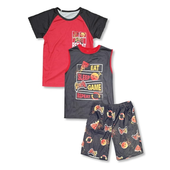 Tebbis Boys Summer Pajama Set, 3-Piece Eat Sleep Game PJs‌ - Short Sleeves, Tank Top & Shorts Soft Sleepwear Size 14