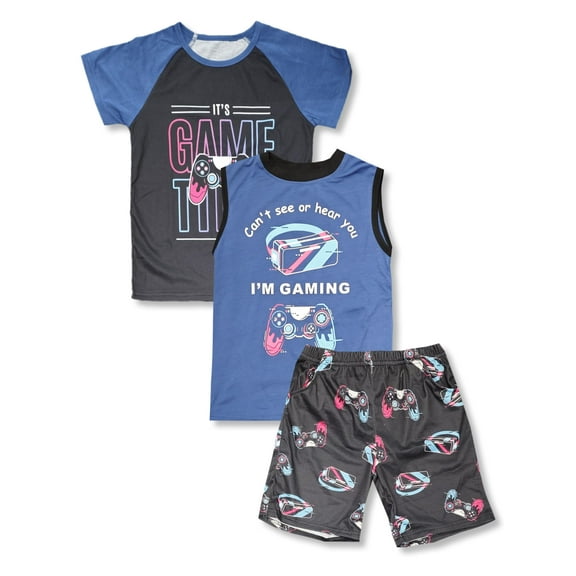 Tebbis Boys Summer Pajama Set, 3-Piece Fun VR Controller PJs‌ - Short Sleeves, Tank Top & Shorts Soft Sleepwear Size 12