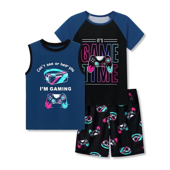 Beezizac Boys Summer Pajama Set, 3-Piece Fun VR Controller PJs - Short Sleeves, Tank Top & Shorts Soft Sleepwear Size 12
